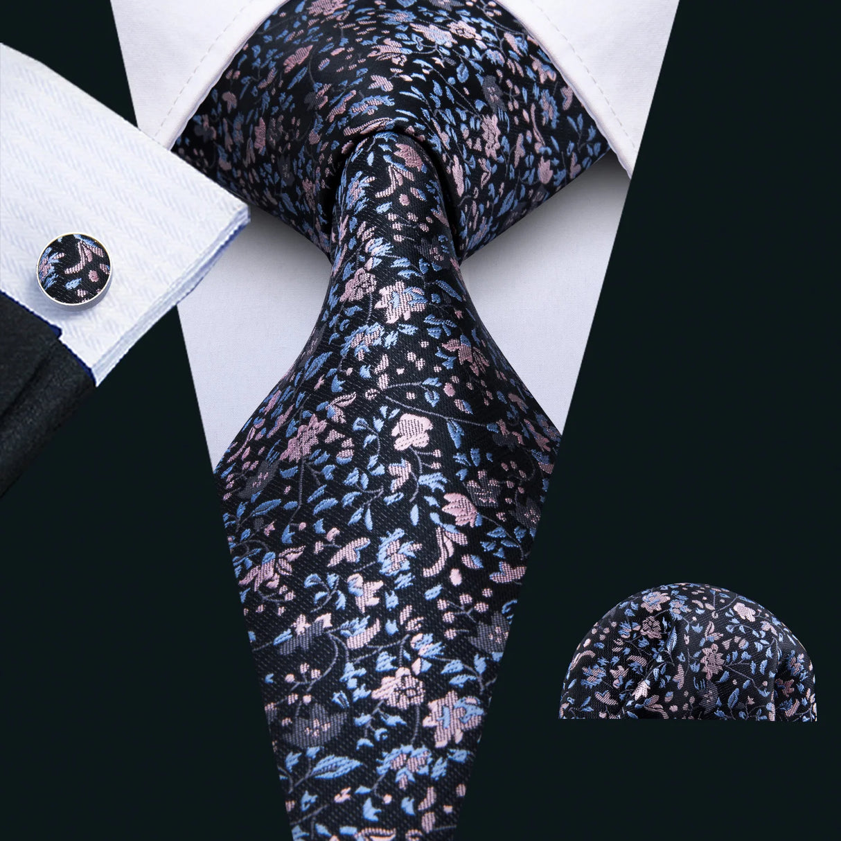 blue pink black flower pattern necktie set