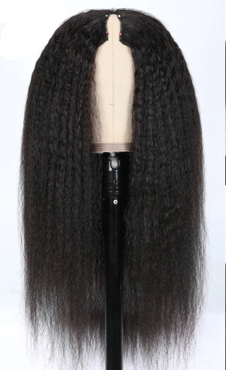 Kinky Straight V Part U Part Wig 100% Human Wig With Drawstring Black