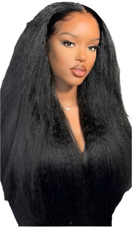 Model using Kinky Straight V Part U Part Wig 100% Human Wig With Drawstring 