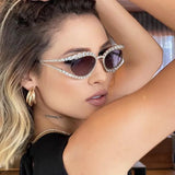 Model Using Ladies Diamond Hollow Concave Shape Sunglasses