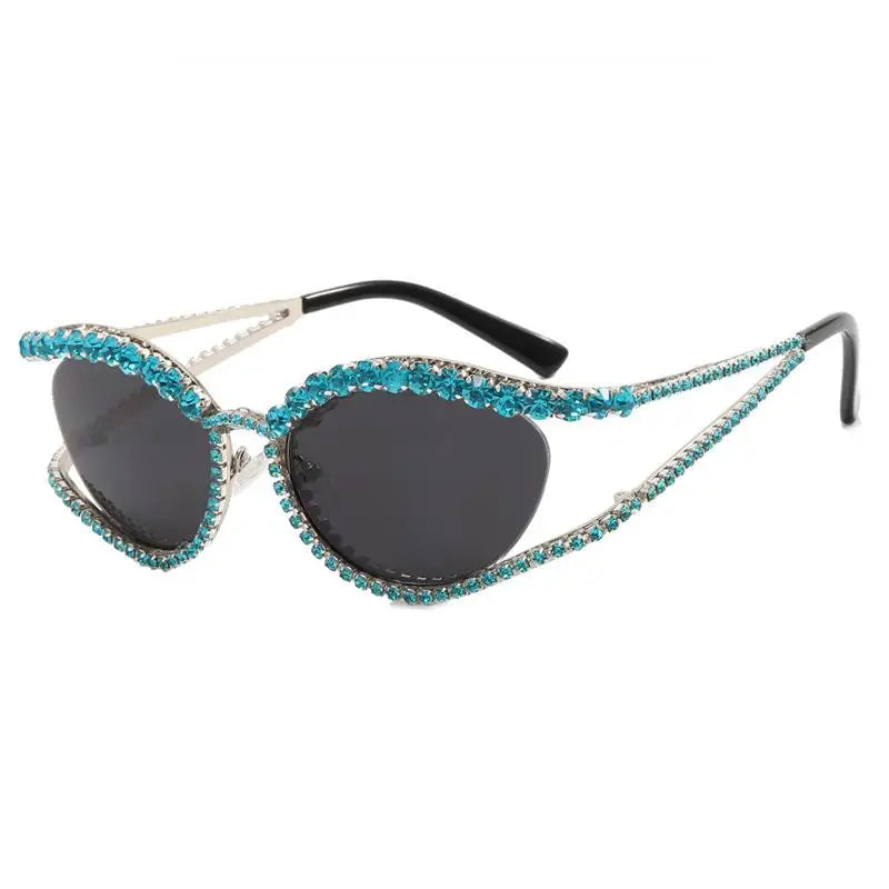 Blue Ladies Diamond Hollow Concave Shape Sunglasses