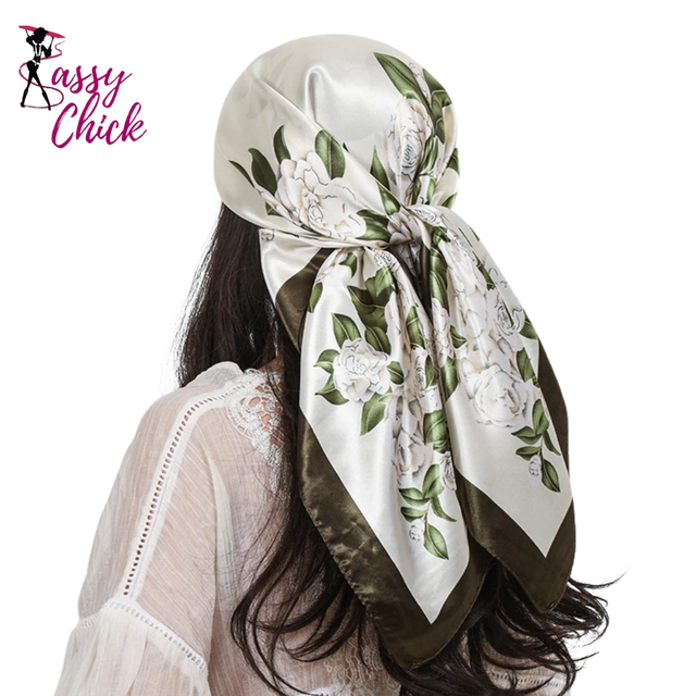 Ladies Headband Satin Silk Square Scarf Women Flower Print Shawl Sassy Chick Logo