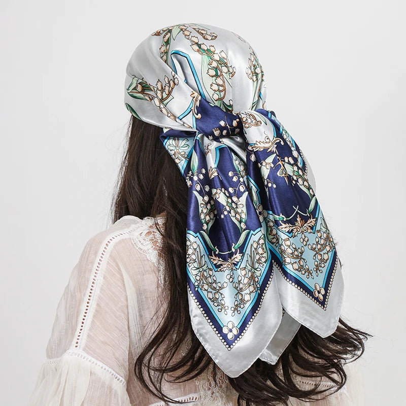 White Blue Ladies Headband Satin Silk Square Scarf Women Flower Print Shawl