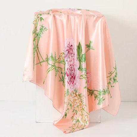 Pink Ladies Headband Satin Silk Square Scarf Women Flower Print Shawl