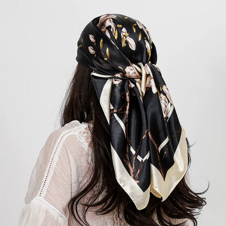 Black White Ladies Headband Satin Silk Square Scarf Women Flower Print Shawl
