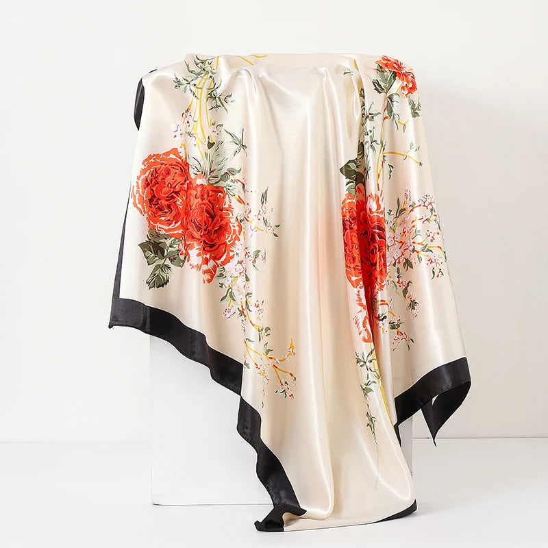 Beige Ladies Headband Satin Silk Square Scarf Women Flower Print Shawl