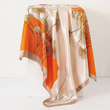 Beige Orange Ladies Headband Satin Silk Square Scarf Women Flower Print Shawl