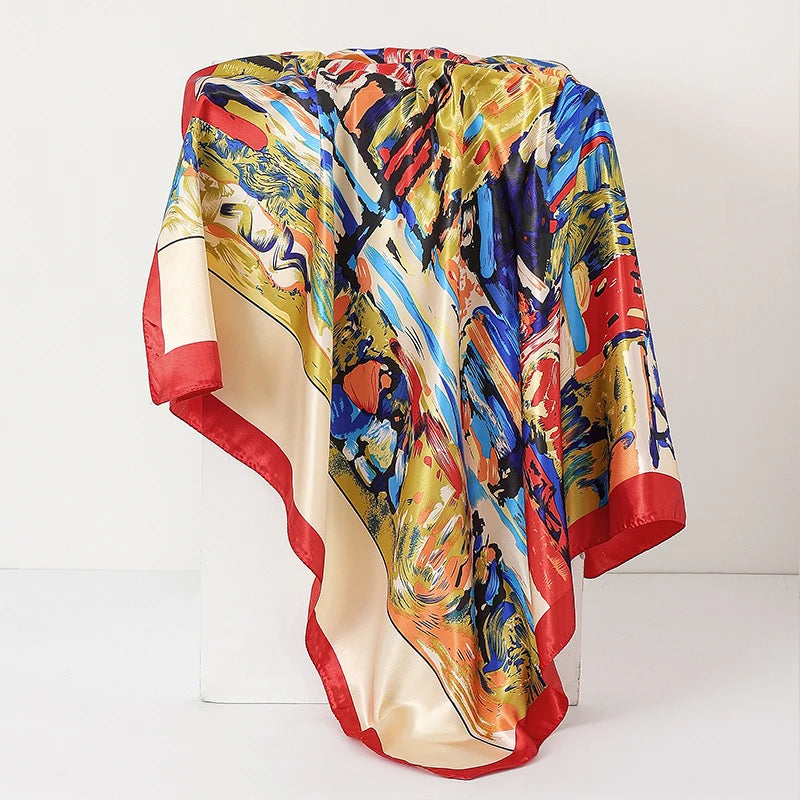 Multicolor Ladies Headband Satin Silk Square Scarf Women Flower Print Shawl