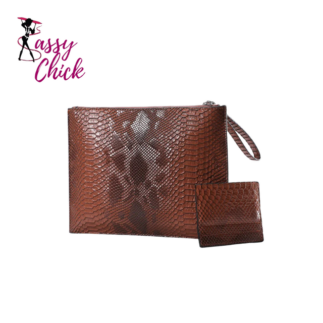 brown python pattern handbag sassy chick logo