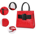 red black square handbag