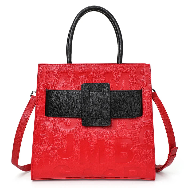 red black square front handbag