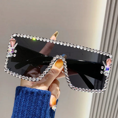 Black Large Rhinestone Anti-ultraviolet Diamond-set Sunglasses