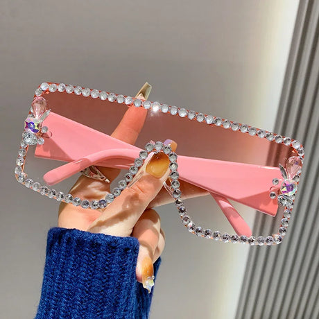 Pink Large Rhinestone Anti-ultraviolet Diamond-set Sunglasses