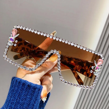 Brown Large Rhinestone Anti-ultraviolet Diamond-set Sunglasses