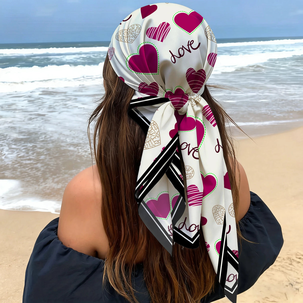 Large Satin Pink Black Heart Graffiti Print Head Scarf