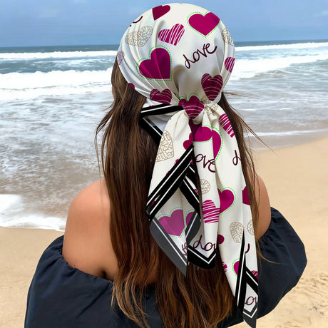 Large Satin Pink Black Heart Graffiti Print Head Scarf