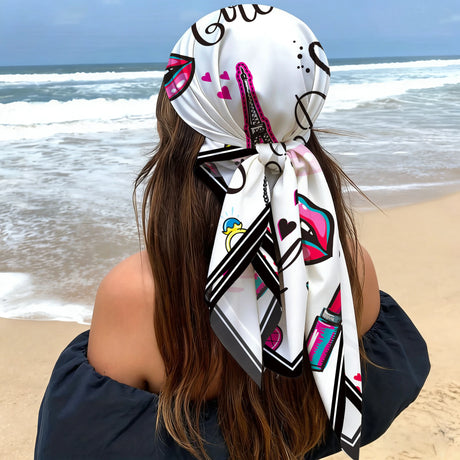 Large Satin Pink Black Heart Graffiti Print Head Scarf