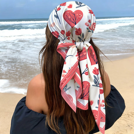 Red Large Satin Pink Black Heart Graffiti Print Head Scarf