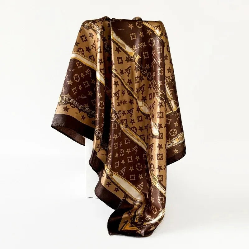 Brown Large Square Silk 90cm Satin Scarf Headscarf