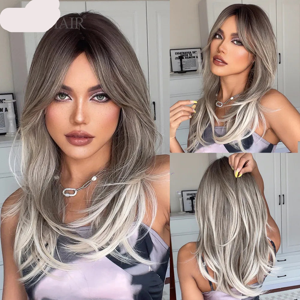 Model Using Layered Ombre Brown Blonde Straight Synthetic Wigs