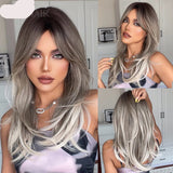 Model Using Layered Ombre Brown Blonde Straight Synthetic Wigs
