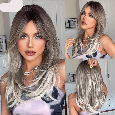 Model Using Layered Ombre Brown Blonde Straight Synthetic Wigs