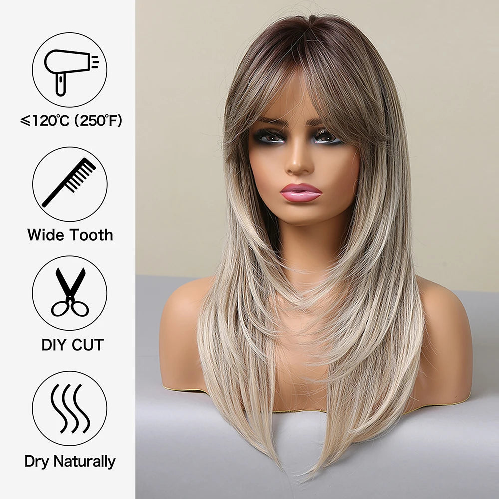 Layered Ombre Brown Blonde Straight Synthetic Wigs 