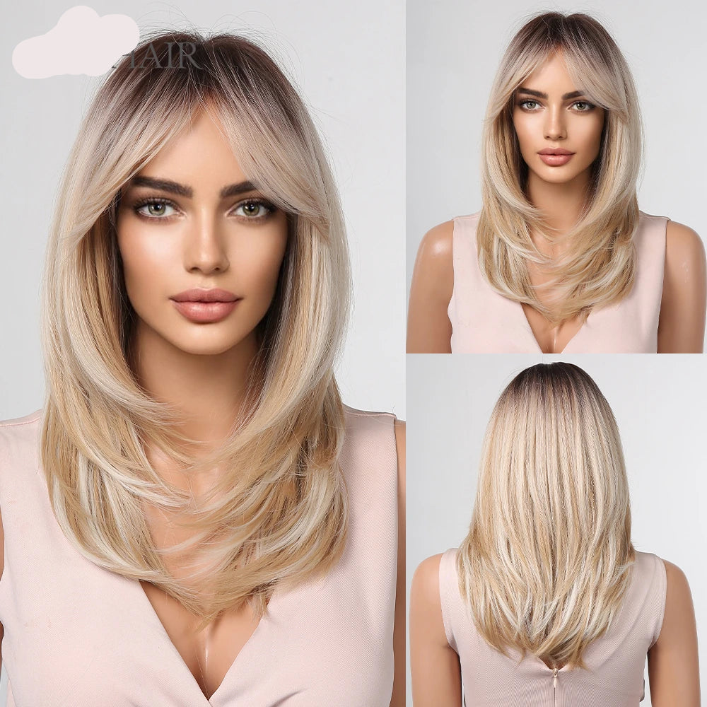 Layered Ombre Brown Blonde Straight Synthetic Wigs