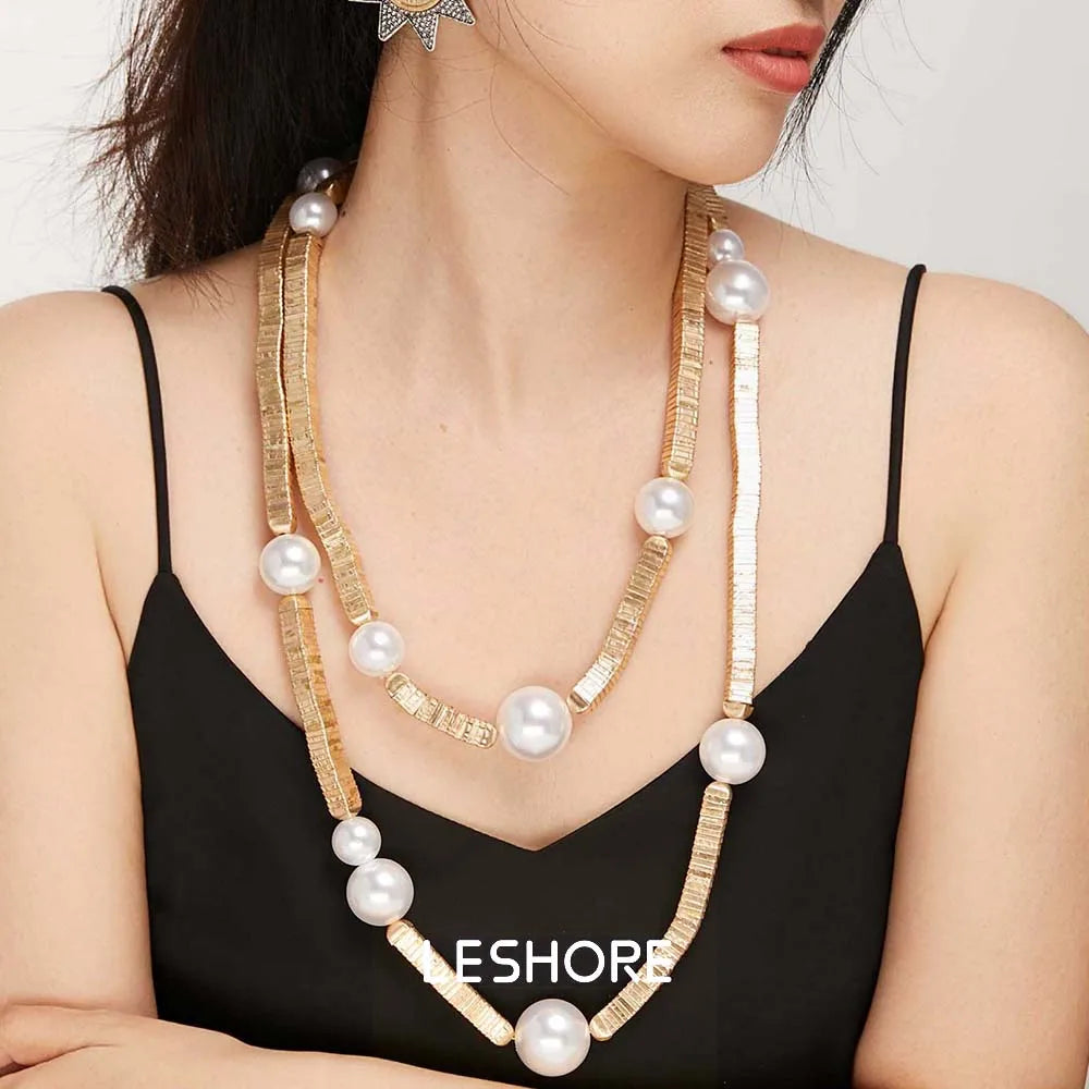 Long Layered Pendant Pearl Necklace Jewelry