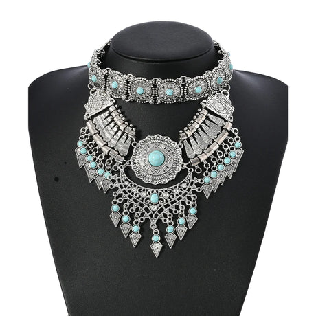 Silver Layered Retro Teardrop Tassel Collar Jewelry