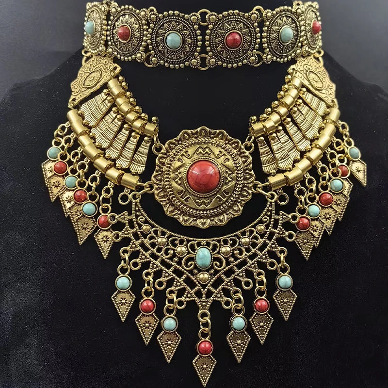 Gold Layered Retro Teardrop Tassel Collar Jewelry