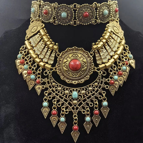 Gold Layered Retro Teardrop Tassel Collar Jewelry