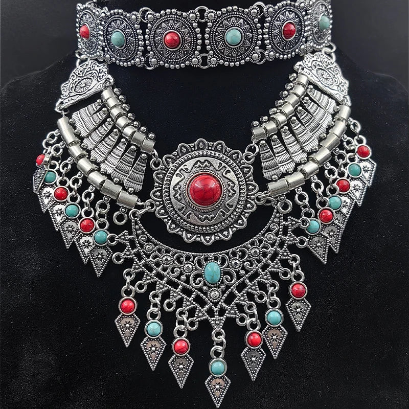 Silver Layered Retro Teardrop Tassel Collar Jewelry