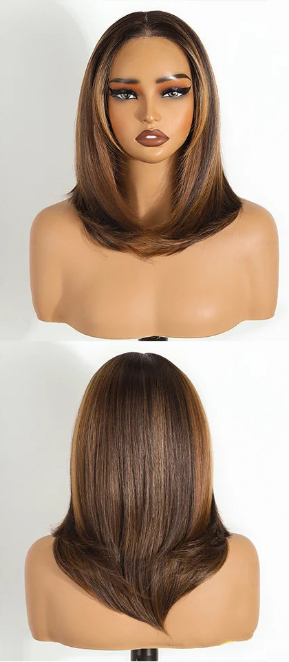 Brown Layered Wear And Go Straight Short Bob Synthetic Lace Front Wigs