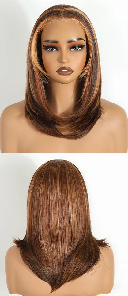 Light Brown Layered Wear And Go Straight Short Bob Synthetic Lace Front Wigs