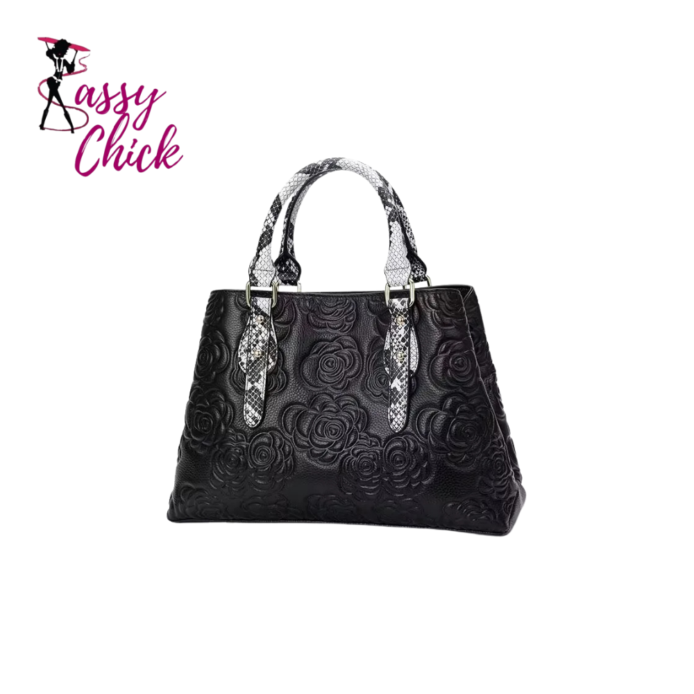 black flower handbag sassy chick logo