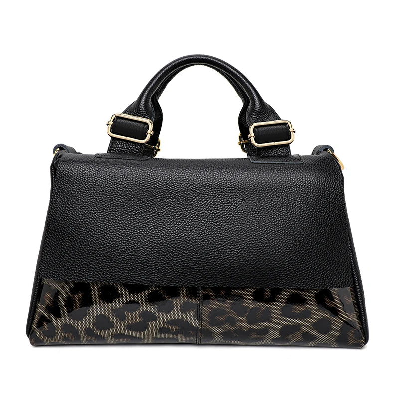 Black Leather High-capacity Handbag Leopard Print