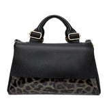 Black Leather High-capacity Handbag Leopard Print