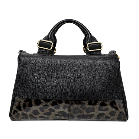 Black Leather High-capacity Handbag Leopard Print