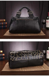 back and front view leather leopard handbag