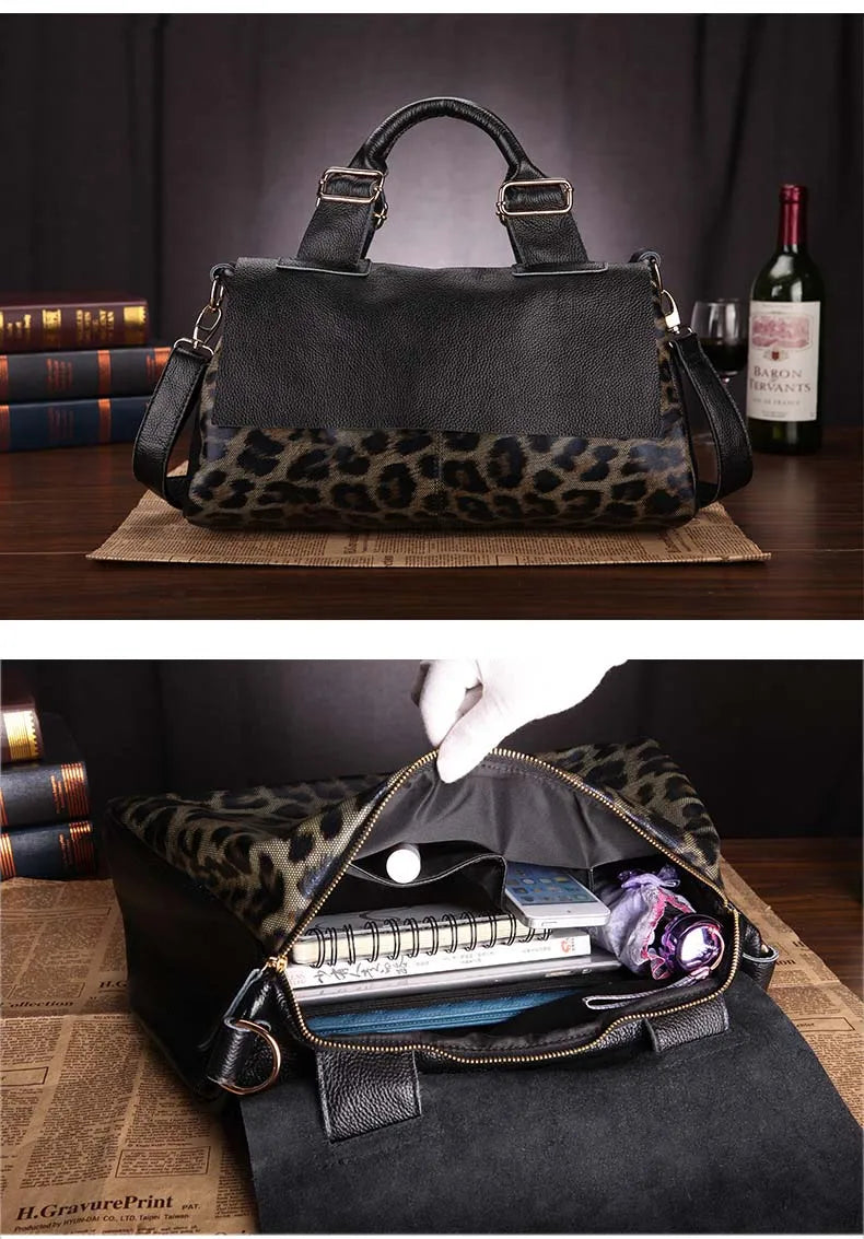 front compartment view leather leopard handbag