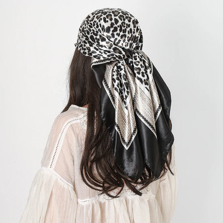 Black Leopard Print 90cm Square Silk Scarf Satin Headband Hijabs