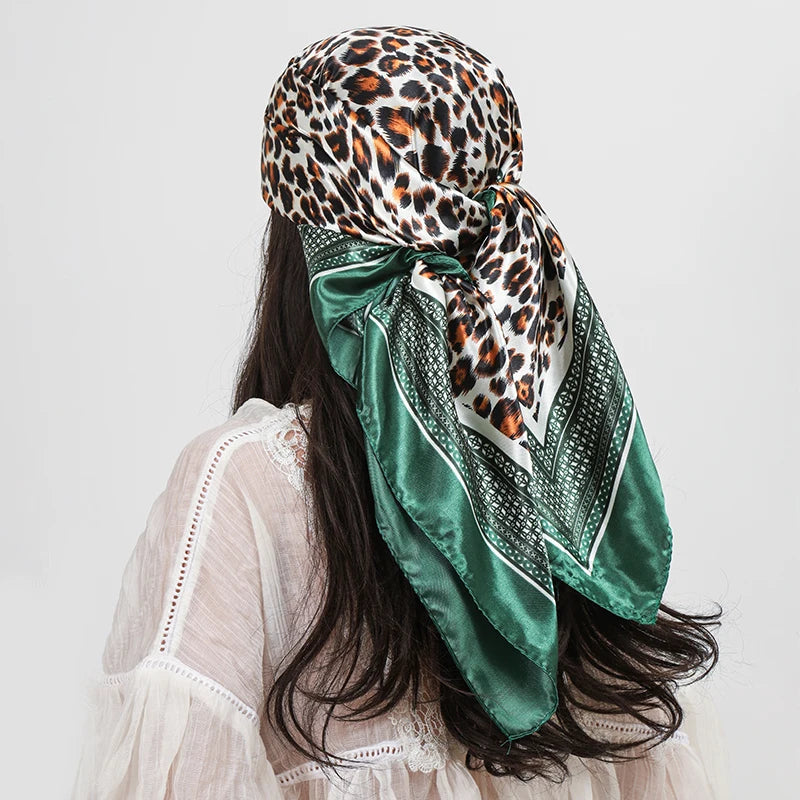 Green Leopard Print 90cm Square Silk Scarf Satin Headband Hijabs