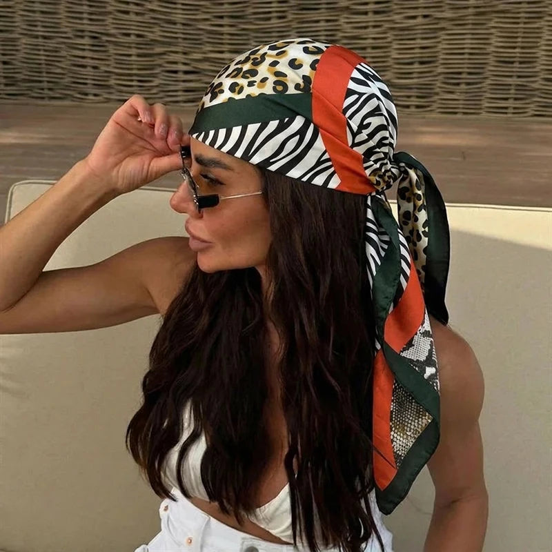 Model Using Leopard Print Silk Bandana Scarf