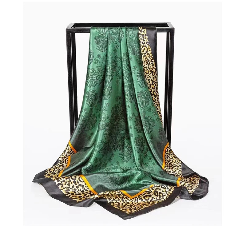 Green Leopard Print Square Turban Bandana Silk Satin Scarf