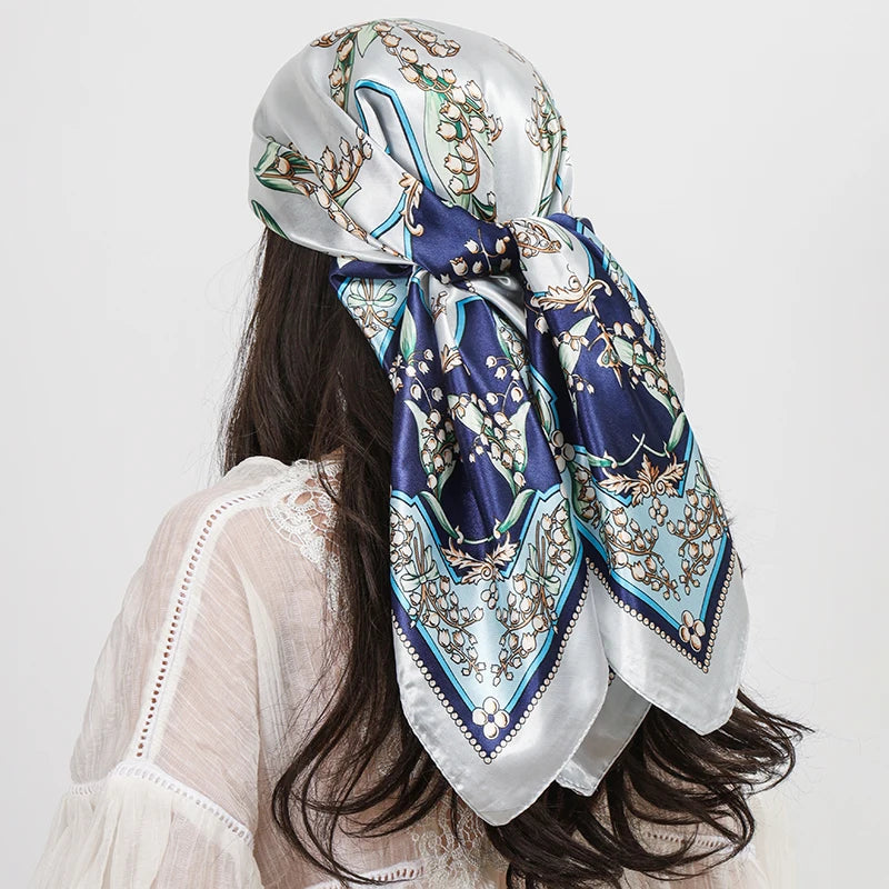 Blue Print Square Turban Bandana Silk Satin Scarf