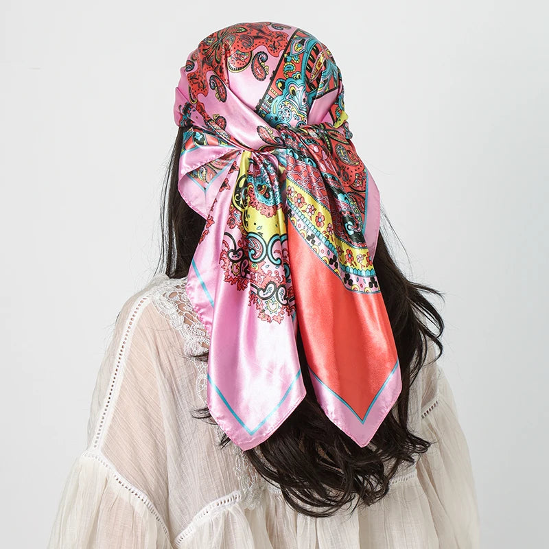 Pink Leopard Print Square Turban Bandana Silk Satin Scarf