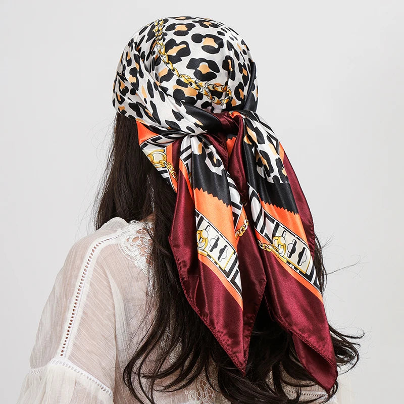 Leopard Print Square Turban Bandana Silk Satin Scarf