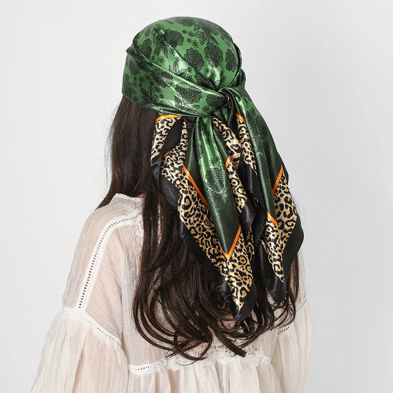 Green Leopard Print Square Turban Bandana Silk Satin Scarf