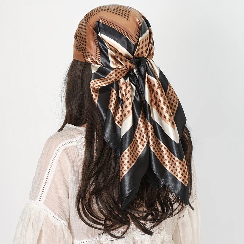 Brown Black Print Square Turban Bandana Silk Satin Scarf